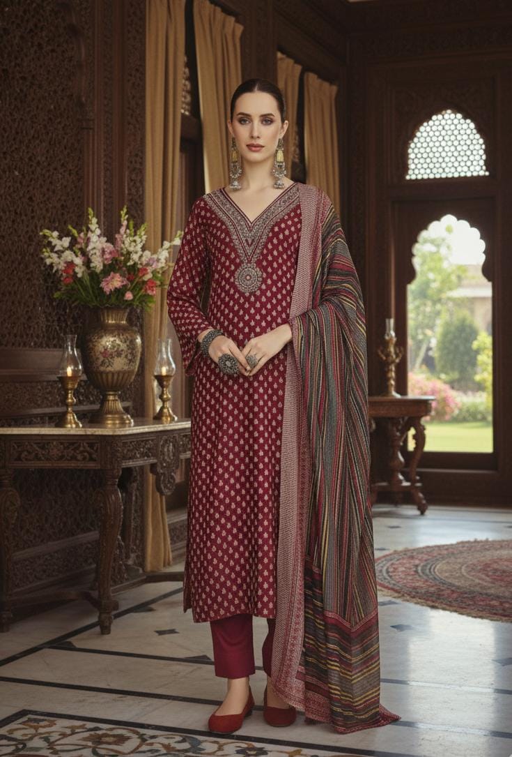 Pashmina Suit With Neckline Work