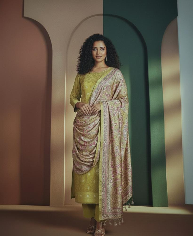 Pashmina Suit With Neckline Work