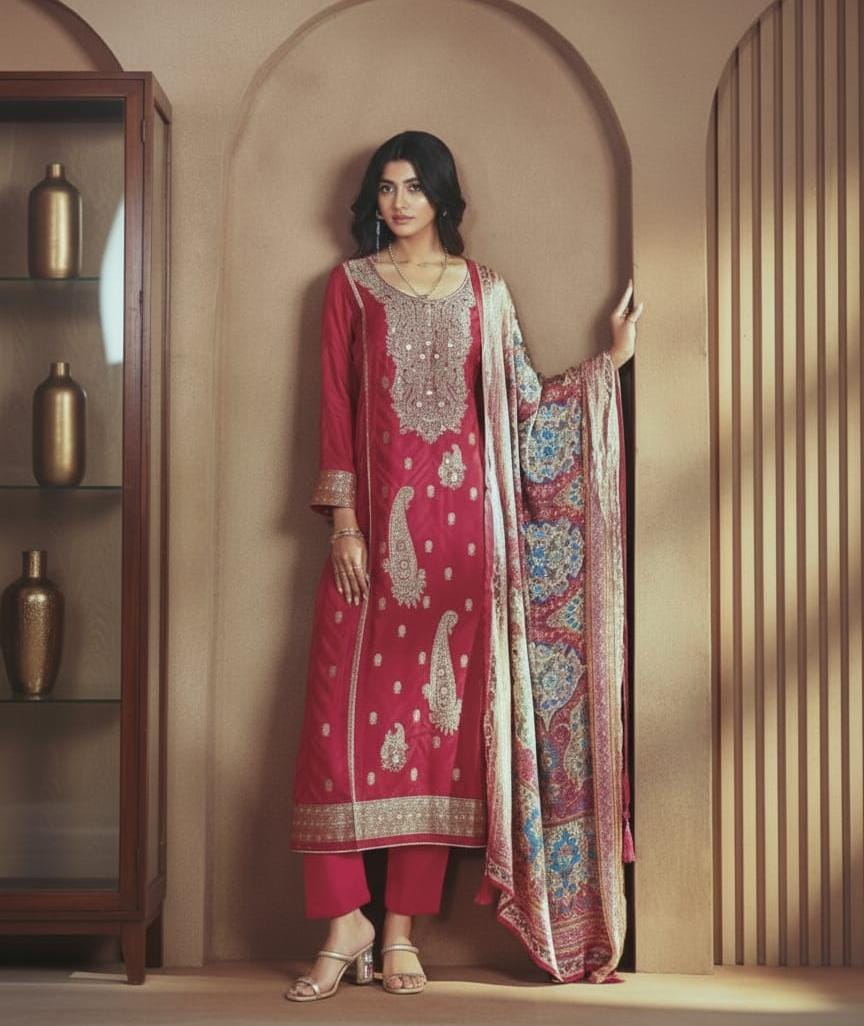 Banarasi Pashmina Suit with Satin Crepe Dupatta