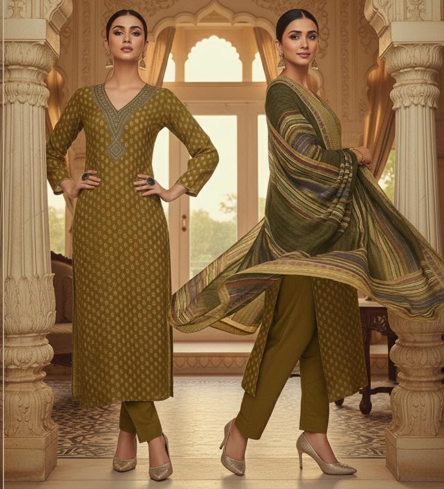 Pashmina Suit With Neckline Work