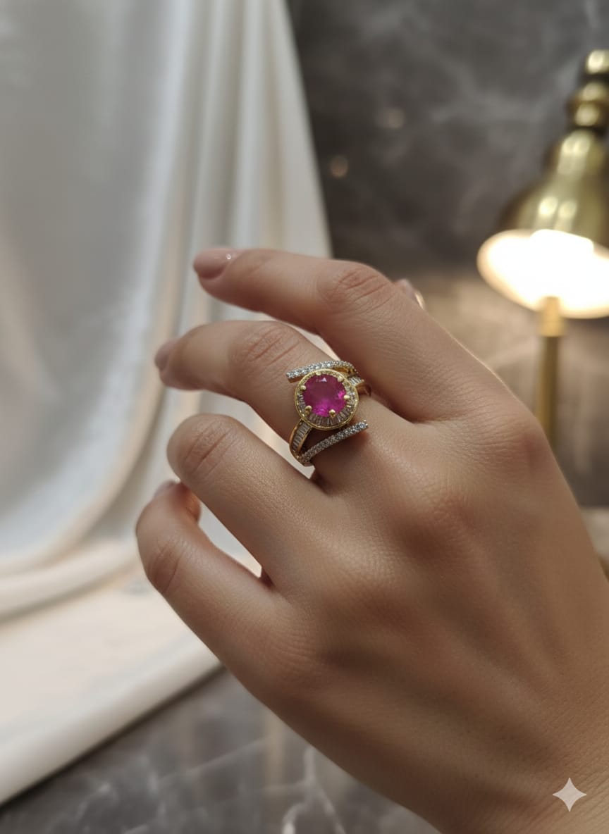 Ruby Red Solitaire Spiral Diamond Band Ring
