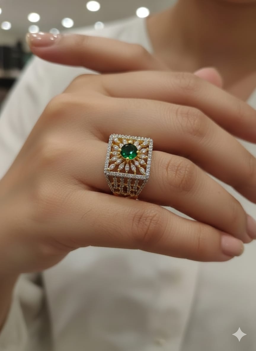 Emerald Green Solitaire Floral Halo Cocktail Ring
