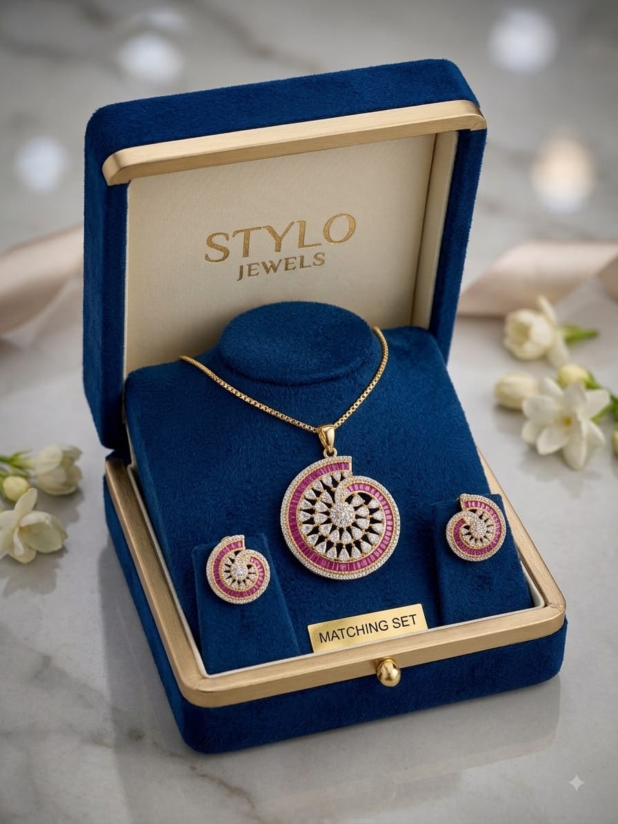 Stylo Jewels Ruby Spiral Medallion Pendant & Studs Set