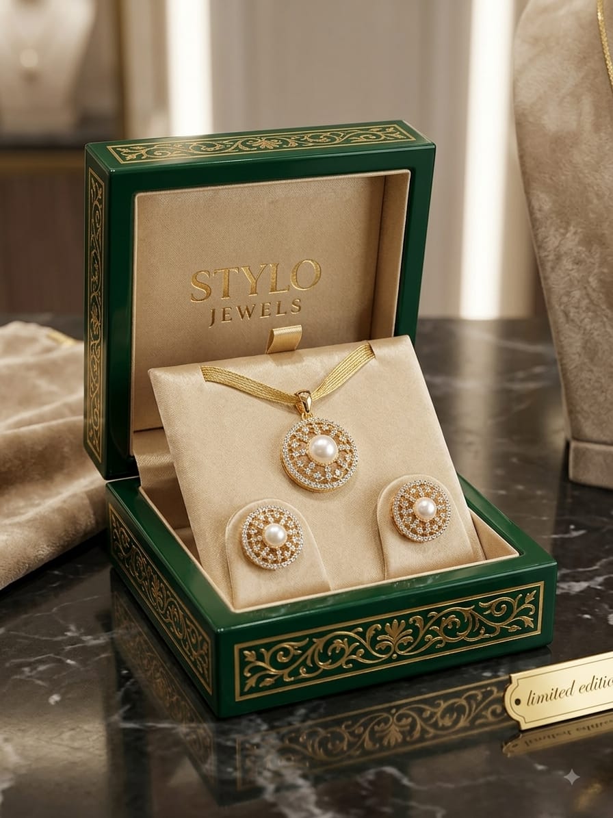 Stylo Jewels Sunburst Pearl & Diamond Medallion Set