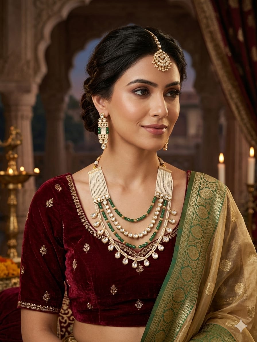 Imperial Kundan & Emerald Beaded Multi-Tier Rani Haar Bridal Set
