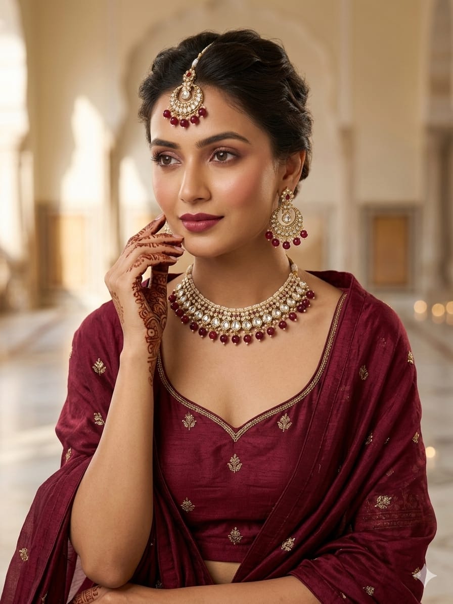 Maroon Bead & Polki Kundan Choker Set with Chandbalis & Tikka