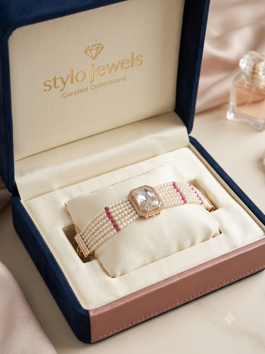 Stylo Jewels Emerald Cut Crystal & Pearl Multi-Strand Bracelet