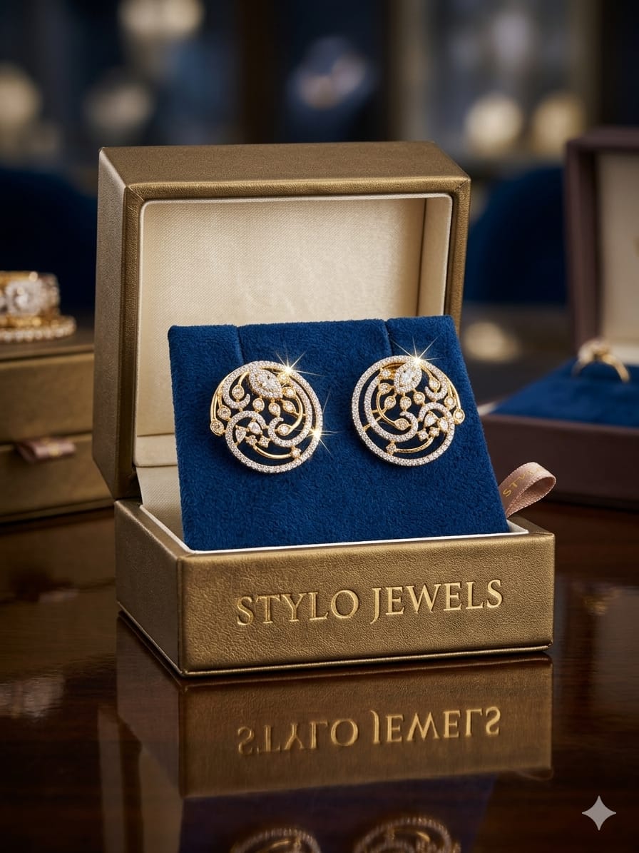 Stylo Jewels Round Filigree Diamond Statement Stud Earrings