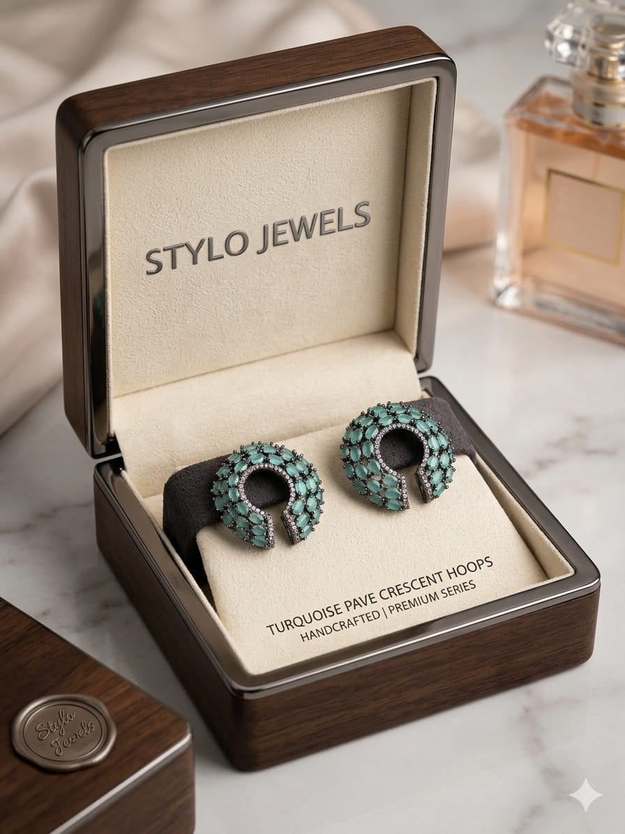 Stylo Jewels Turquoise Pavé Crescent Huggie Hoop Earrings
