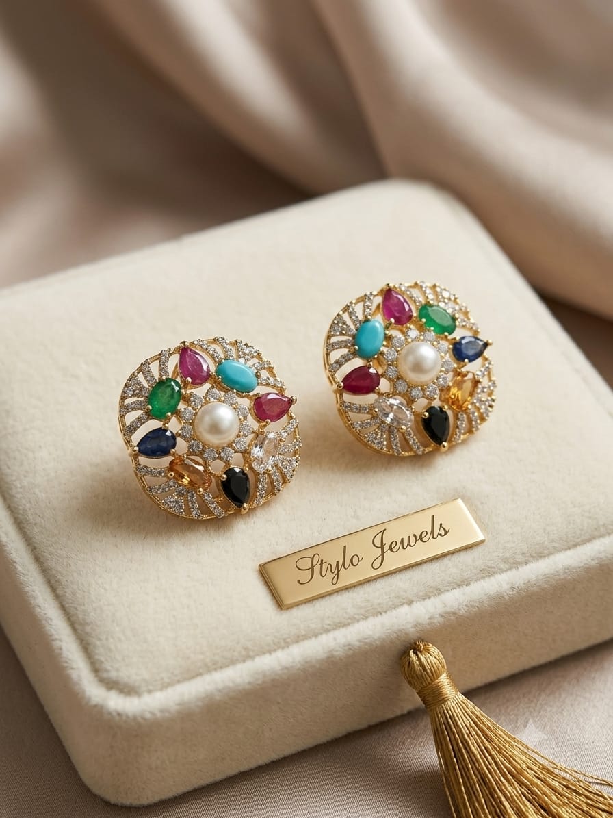 Stylo Jewels Navratna Nine-Gem Floral Tops with Center Pearl