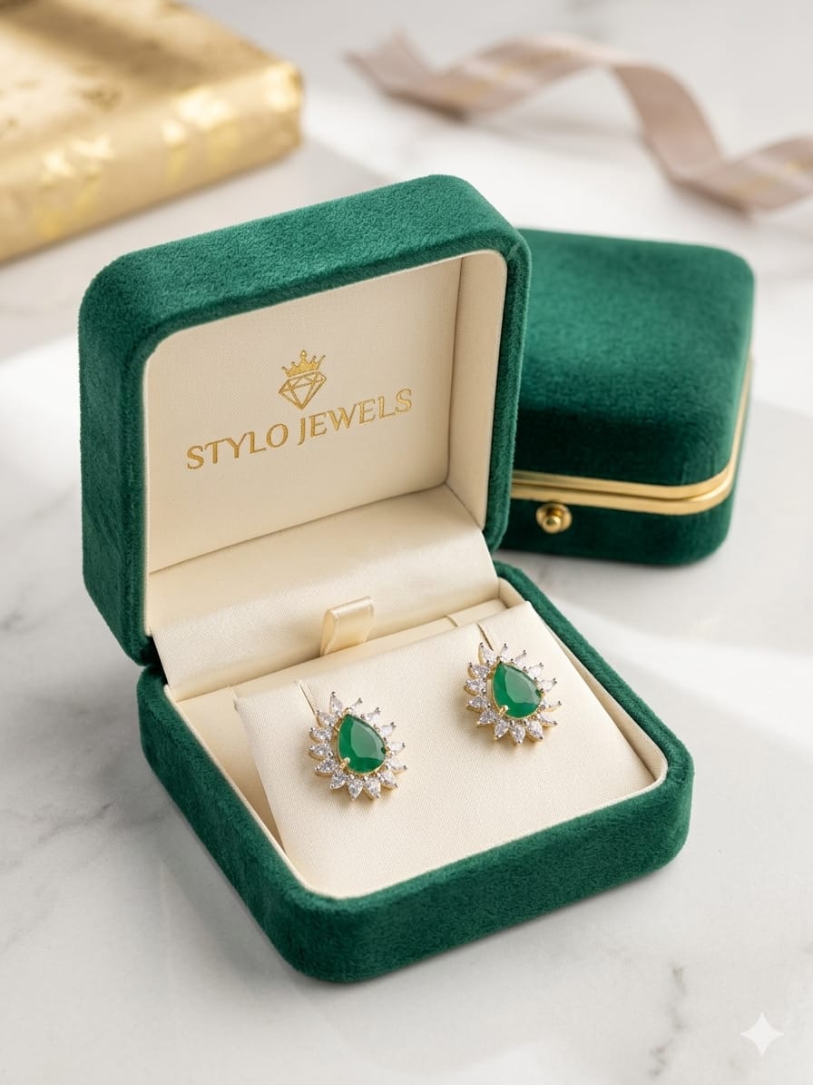Stylo Jewels Emerald Pear Cut Diamond Starburst Stud Earrings