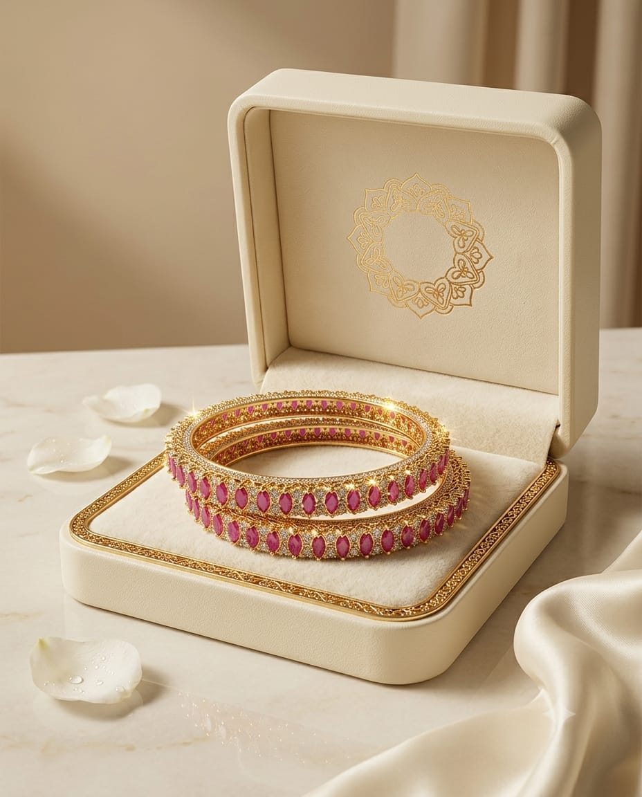 Royal Ruby Marquise Stone & Diamond Embellished Kada Pair