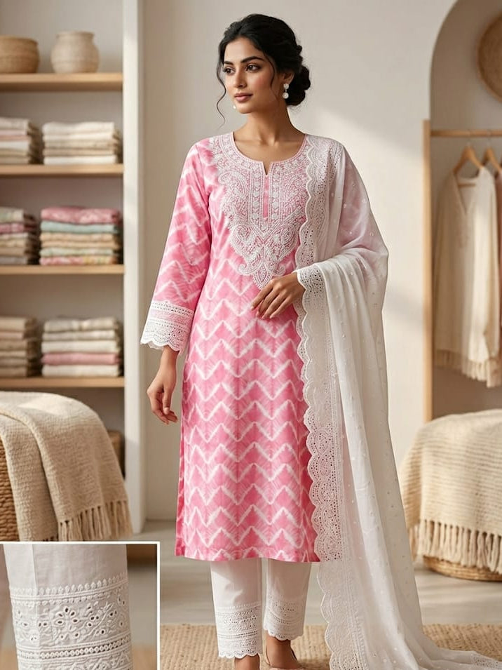 Unstitched linen Cotton shirt with chikankari neckline cotton Hakuba dupatta and bottom