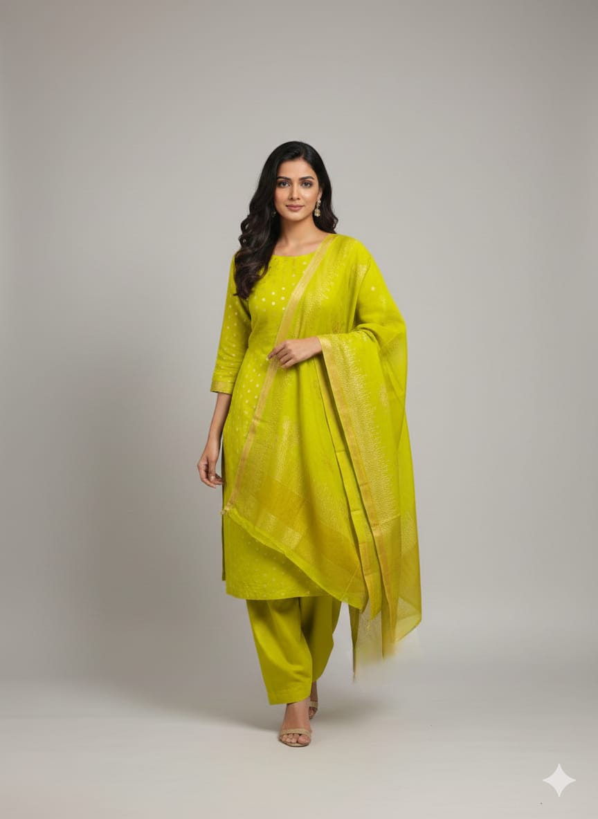Ombre Pure Maheswari Suit With Banarasi Weaving Dupatta