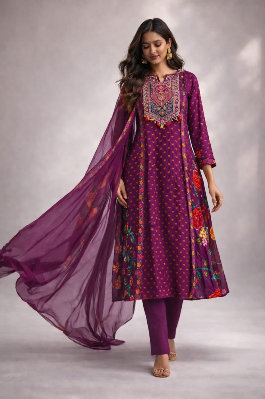 Muslin Suit With Thread Neckline