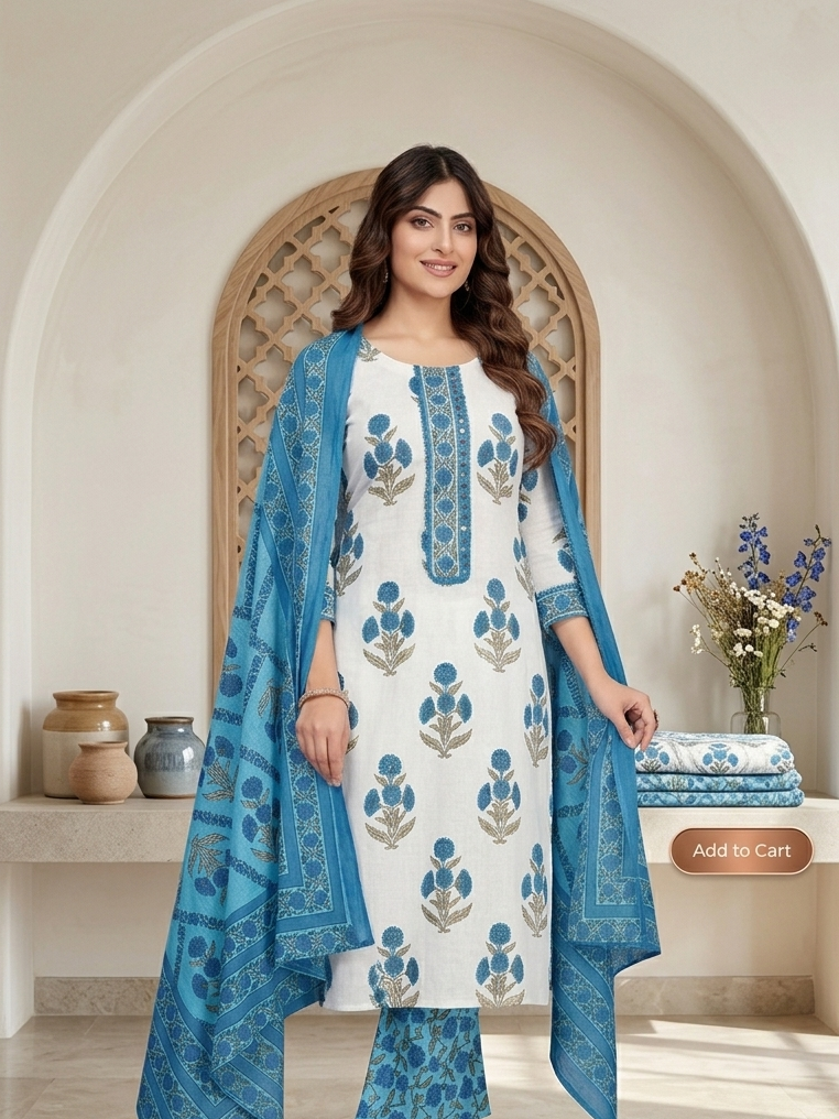 Cotton Suit With Block Printing