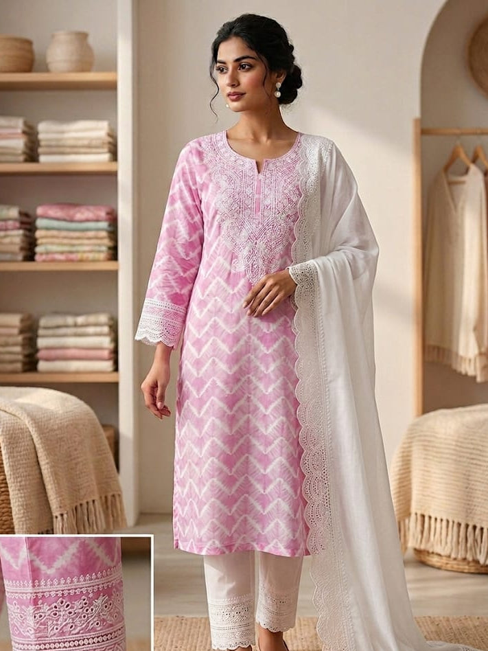 Unstitched linen Cotton shirt with chikankari neckline cotton Hakuba dupatta and bottom