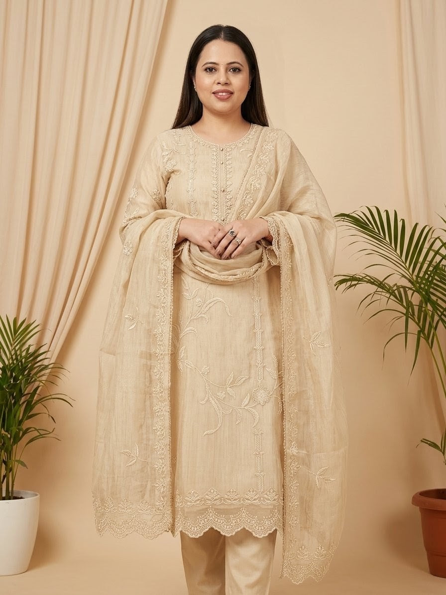 Crush Tissue Unstitched Suit With Beautiful Threadwork
