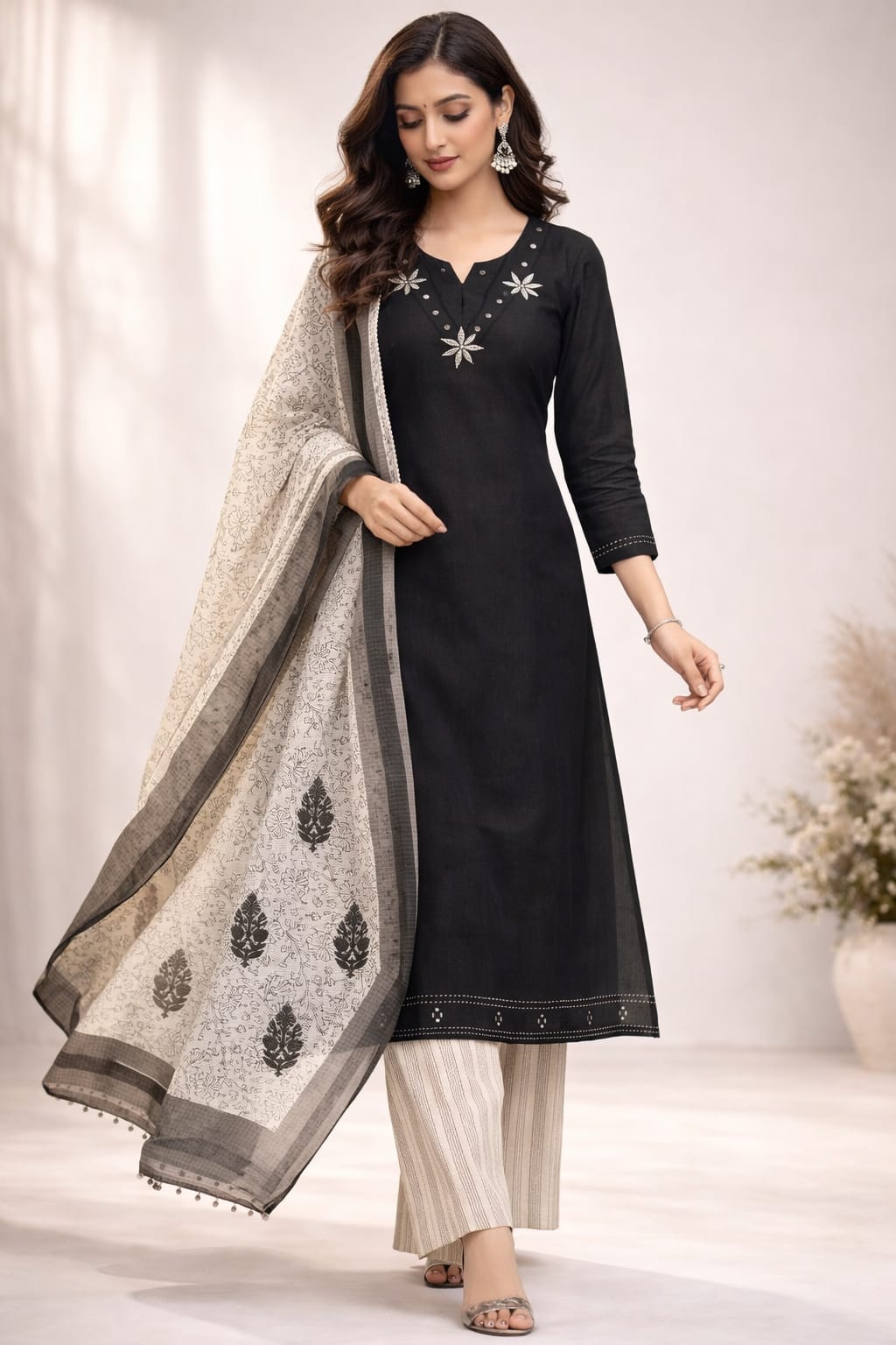 Handloom Cotton Suit With Applic Work With Kota Dupatta