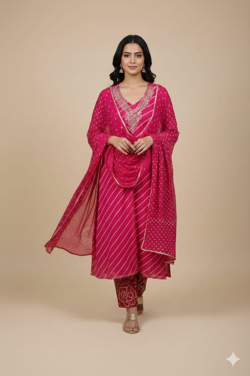 Pure Cotton Lehriya Suit With Golden Thread Neckline Pure Chiffon Dupatta