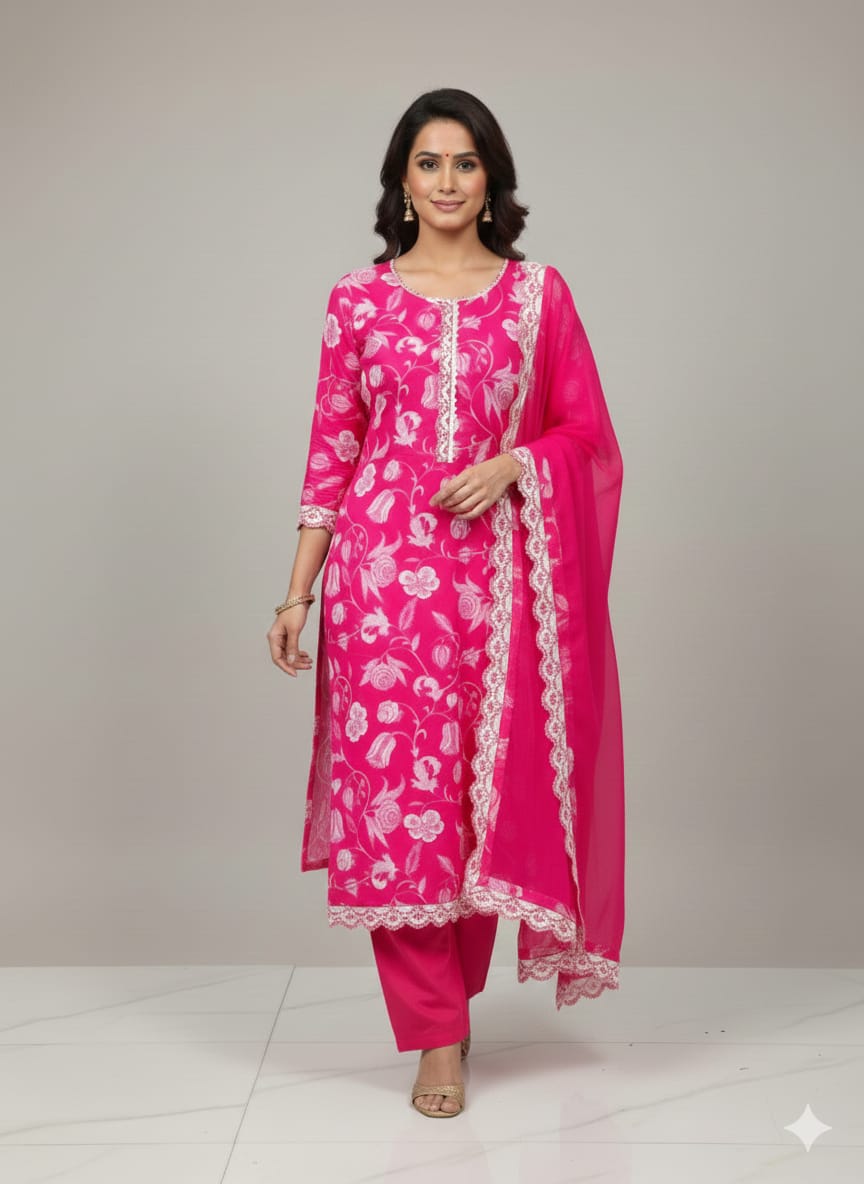 Pure Cotton Suit With Chiffon Dupatta