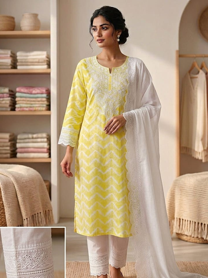 Unstitched linen Cotton shirt with chikankari neckline cotton Hakuba dupatta and bottom