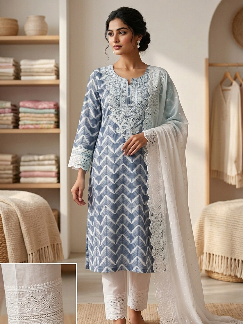 Unstitched linen Cotton shirt with chikankari neckline cotton Hakuba dupatta and bottom