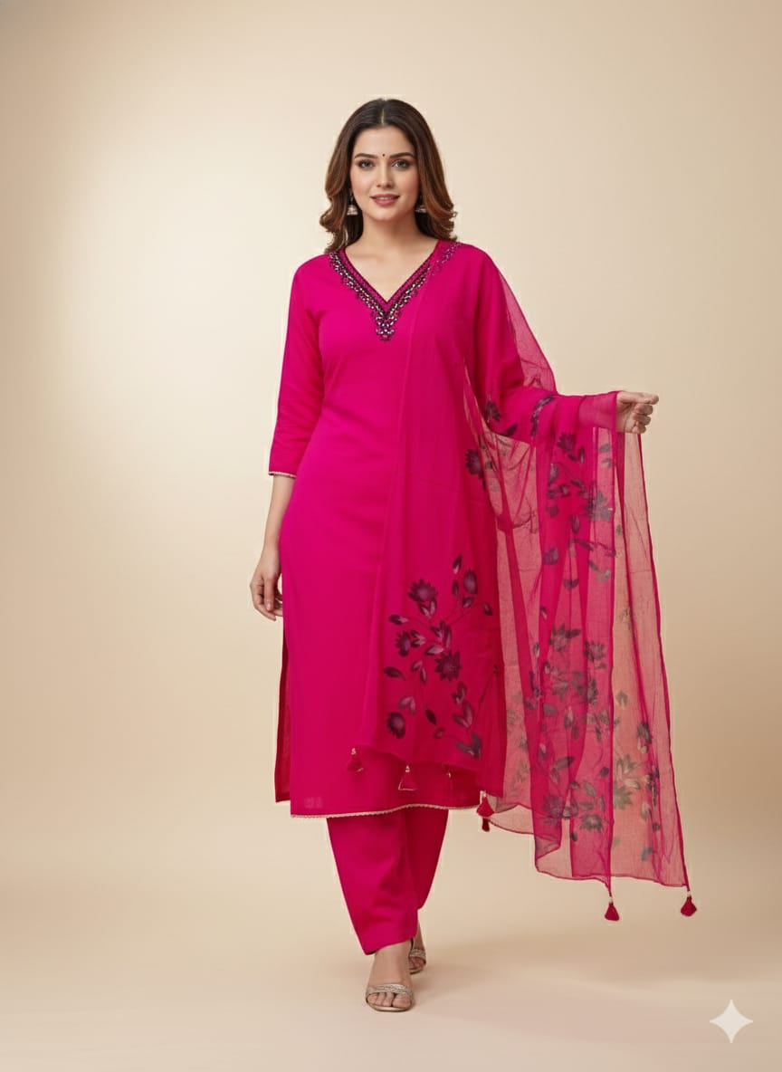 Linen Suit With Chiffon Dupatta