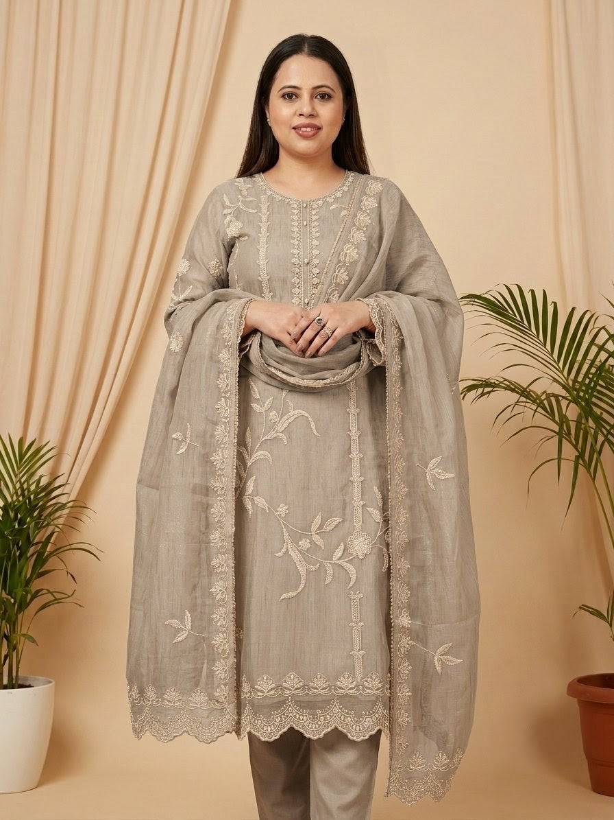 Crush Tissue Unstitched Suit With Beautiful Threadwork