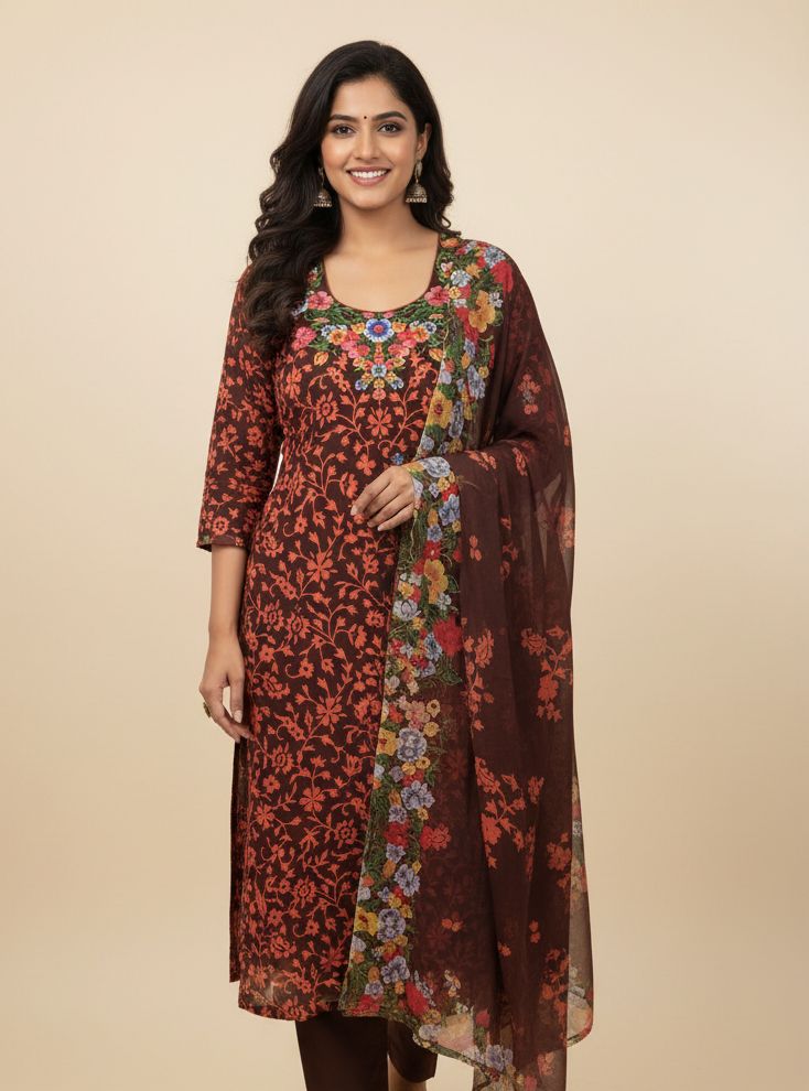 Pure Crepe Suit with Floral print