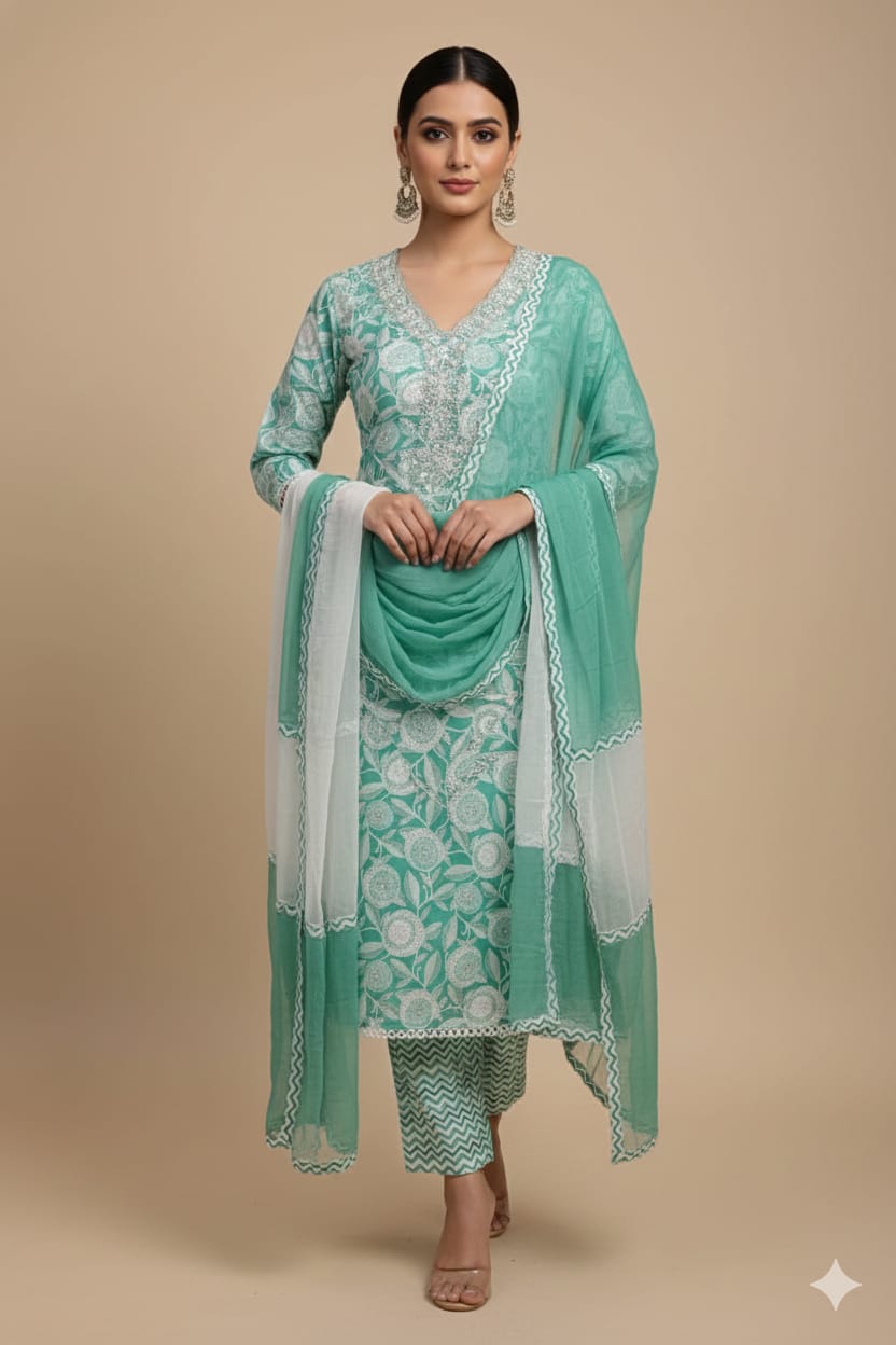 Cotton Suit With Embroidery Neckline With Chiffon Dupatta