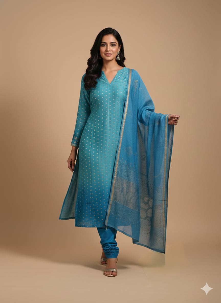 Ombre Pure Maheswari Suit With Banarasi Weaving Dupatta