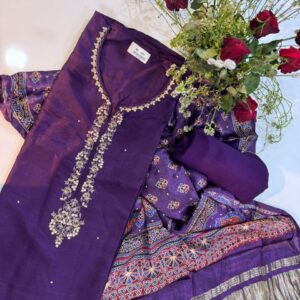 Pure Muslin Printed Party Wear Wine Unstitched  Suit Material with gajji silk dupatta