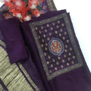 Pure Muslin Printed Party Wear Wine Unstitched  Suit Material with gajji silk dupatta