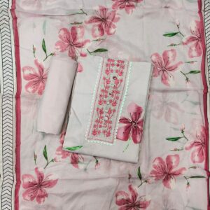 Cotton  Printed With Neck Embroidery Unstitched Suit Fabric Set With Mal Cotton  Dupatta